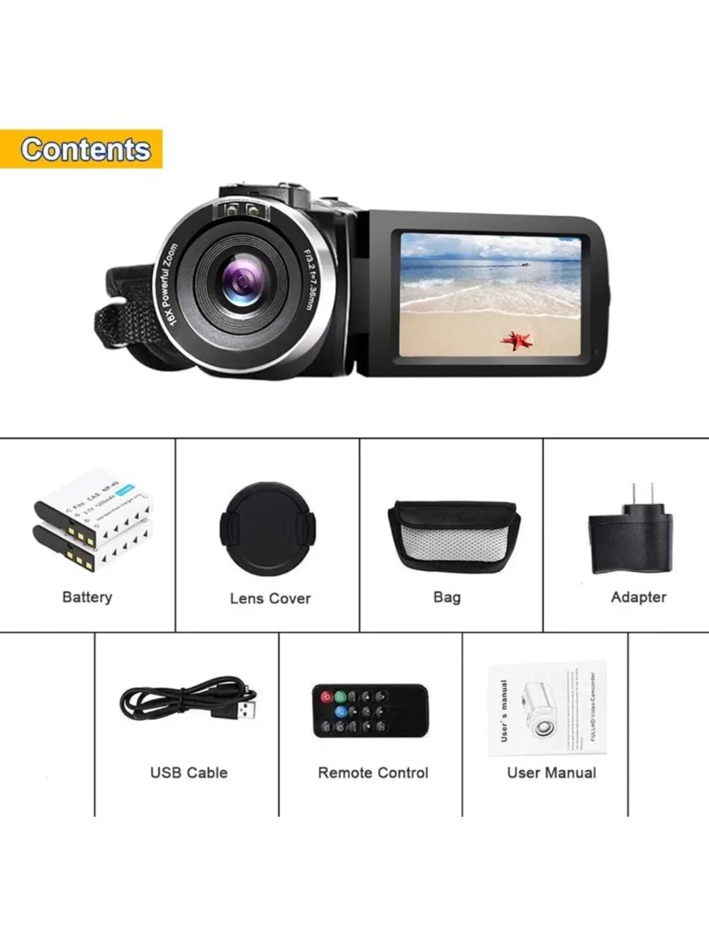 Full HD 1080P Video Camera Camcorder with Night Vision, 16X Zoom & Remote